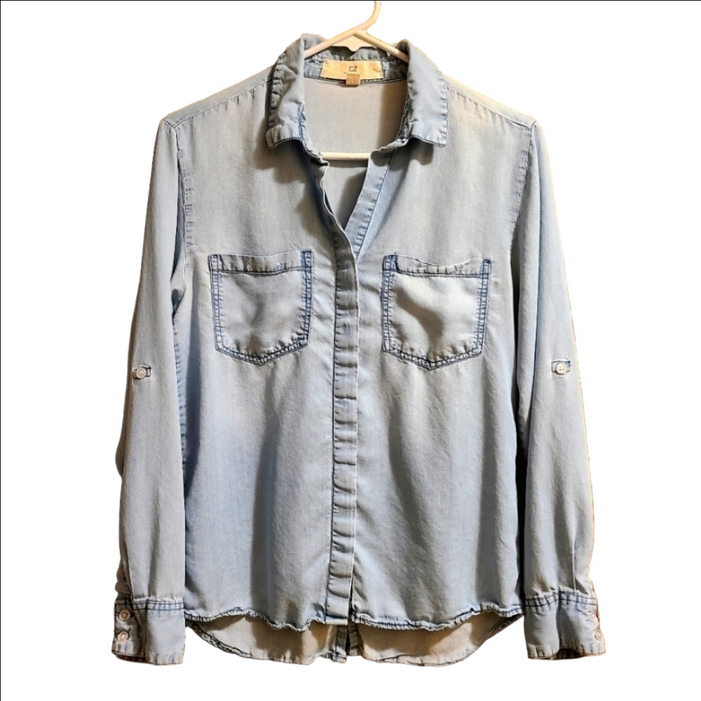 THREAD & SUPPLY DENIM BUTTON DOWN SHIRT in MED SANDBLAST WOMENS SMALL